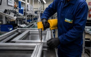 Rebitador pneumático na montagem industrial em série