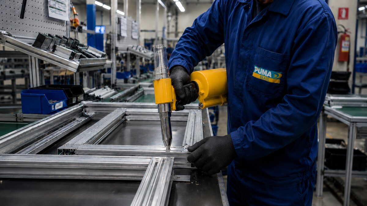 Rebitador pneumático na montagem industrial em série